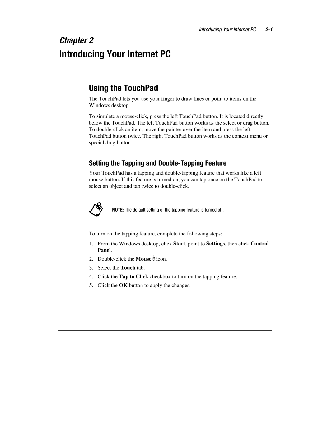 HP 1700T manual Introducing Your Internet PC, Using the TouchPad, Setting the Tapping and Double-Tapping Feature 