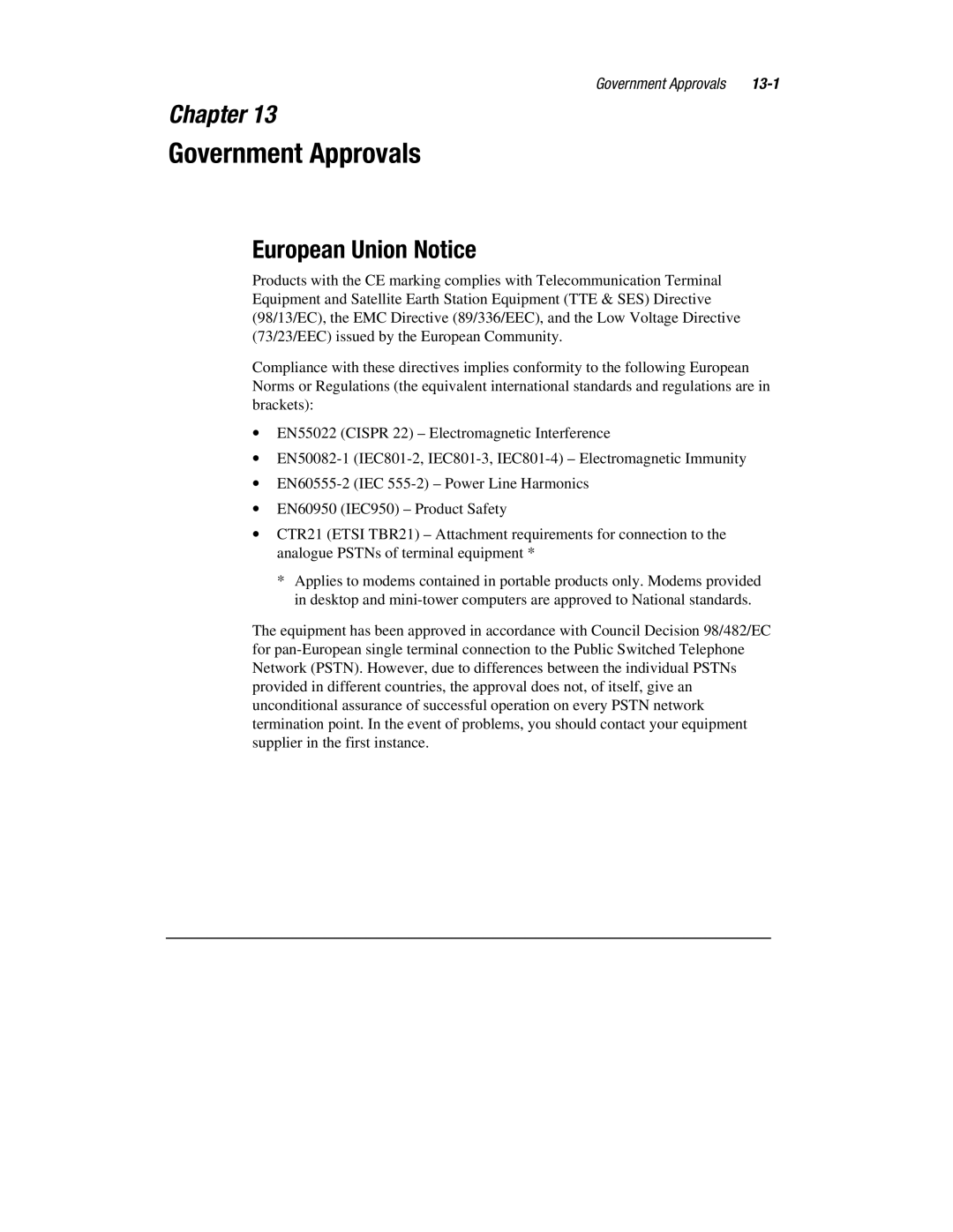 HP 1700T manual Government Approvals, European Union Notice, 13-1 