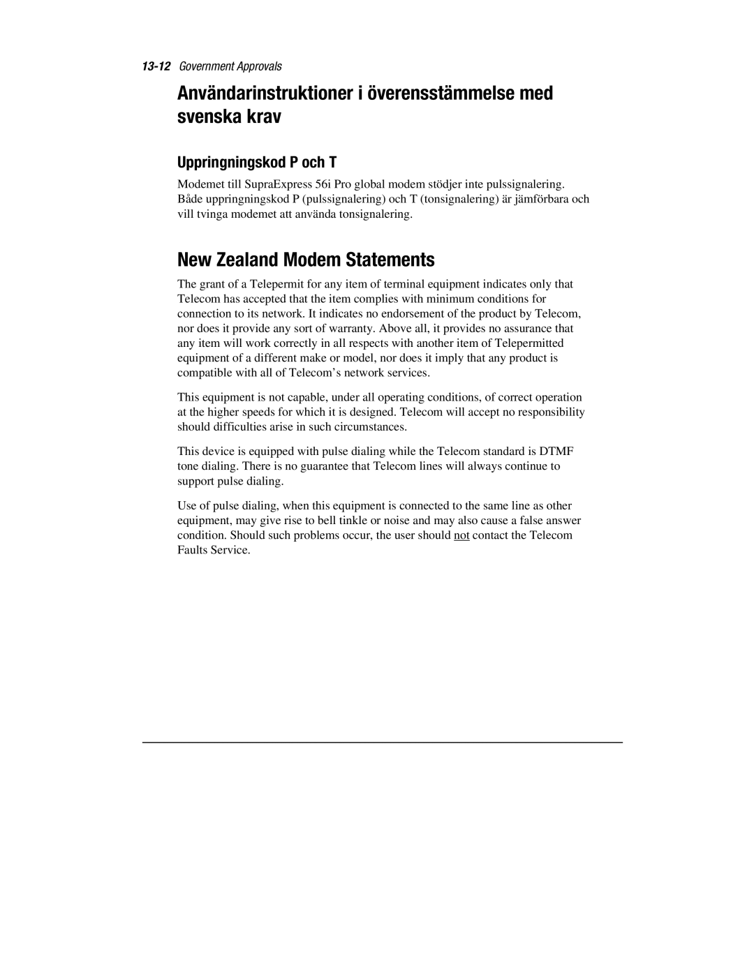 HP 1700T Användarinstruktioner i överensstämmelse med svenska krav, New Zealand Modem Statements, Uppringningskod P och T 