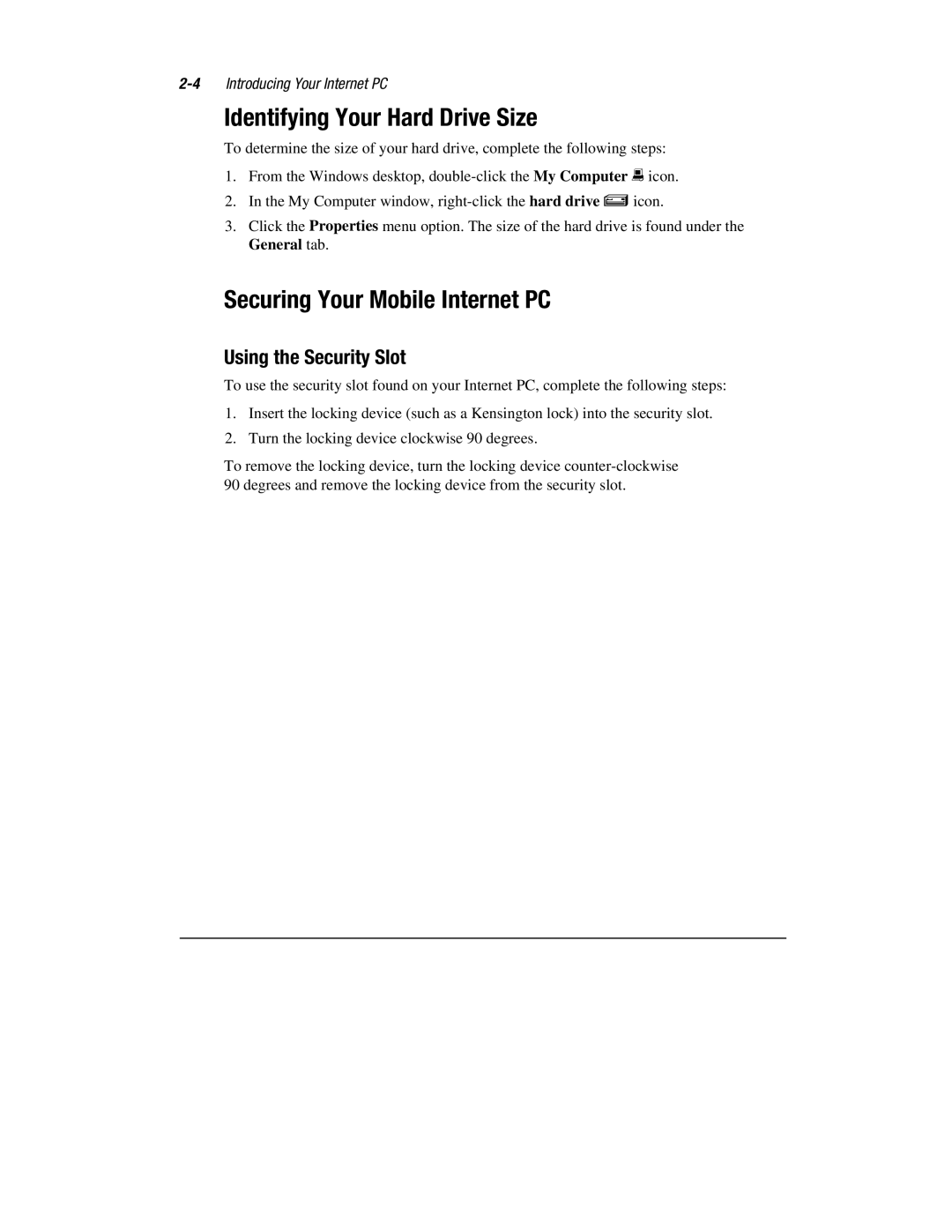 HP 1700T manual Identifying Your Hard Drive Size, Securing Your Mobile Internet PC, Using the Security Slot 