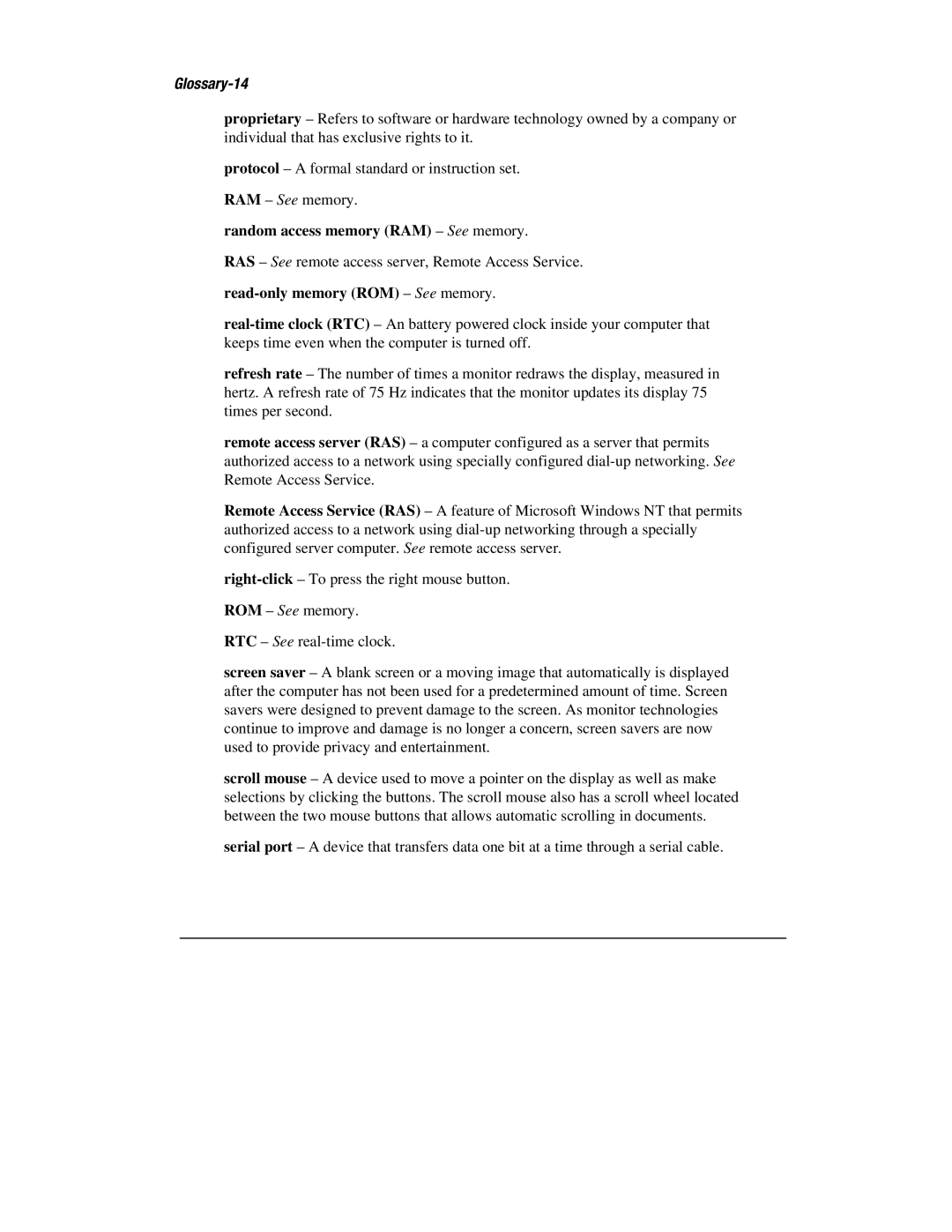 HP 1700T manual Glossary-14, Random access memory RAM See memory, Read-only memory ROM See memory 