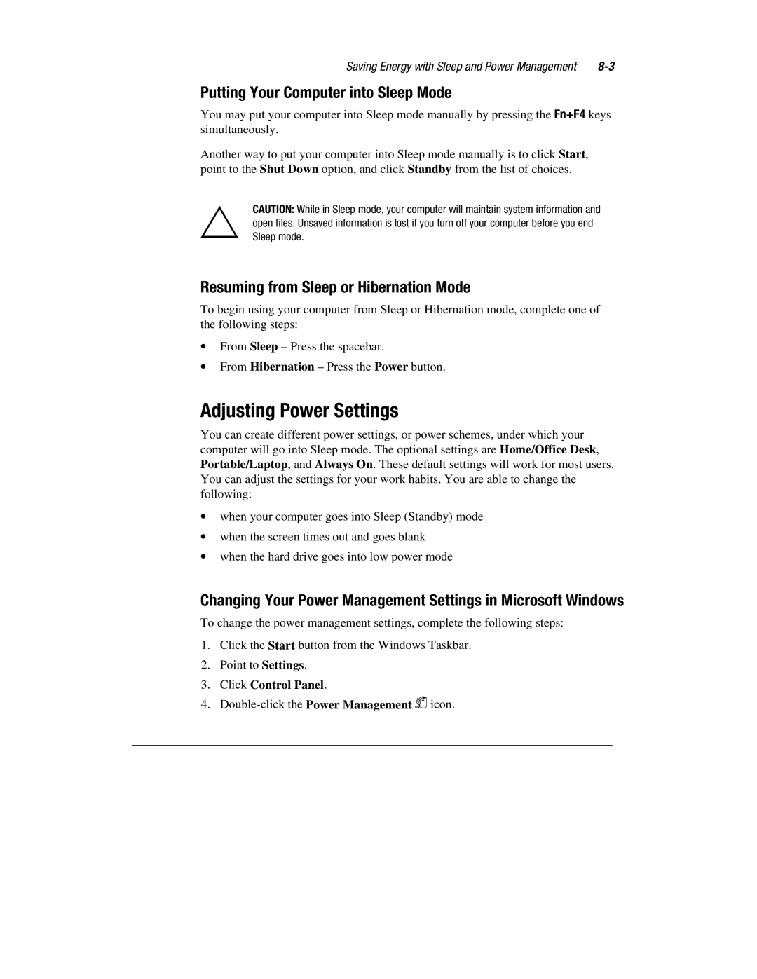 HP 1700T manual Adjusting Power Settings, Putting Your Computer into Sleep Mode, Resuming from Sleep or Hibernation Mode 