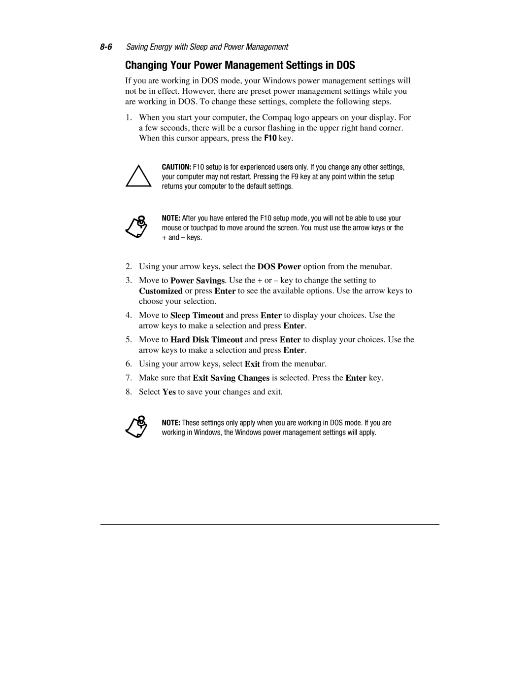 HP 1700T manual Changing Your Power Management Settings in DOS 