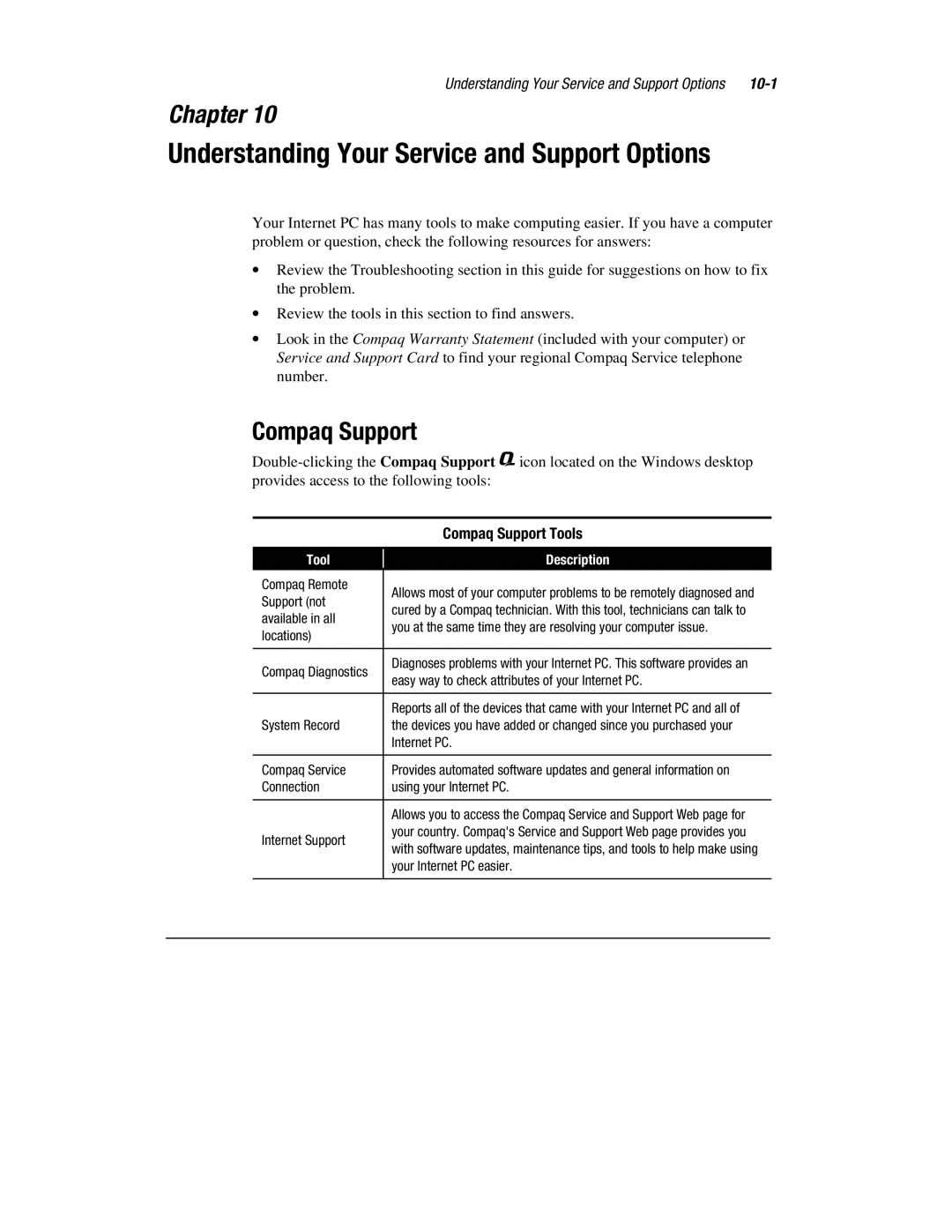 HP 1700T manual Understanding Your Service and Support Options, 10-1, Compaq Support Tools 