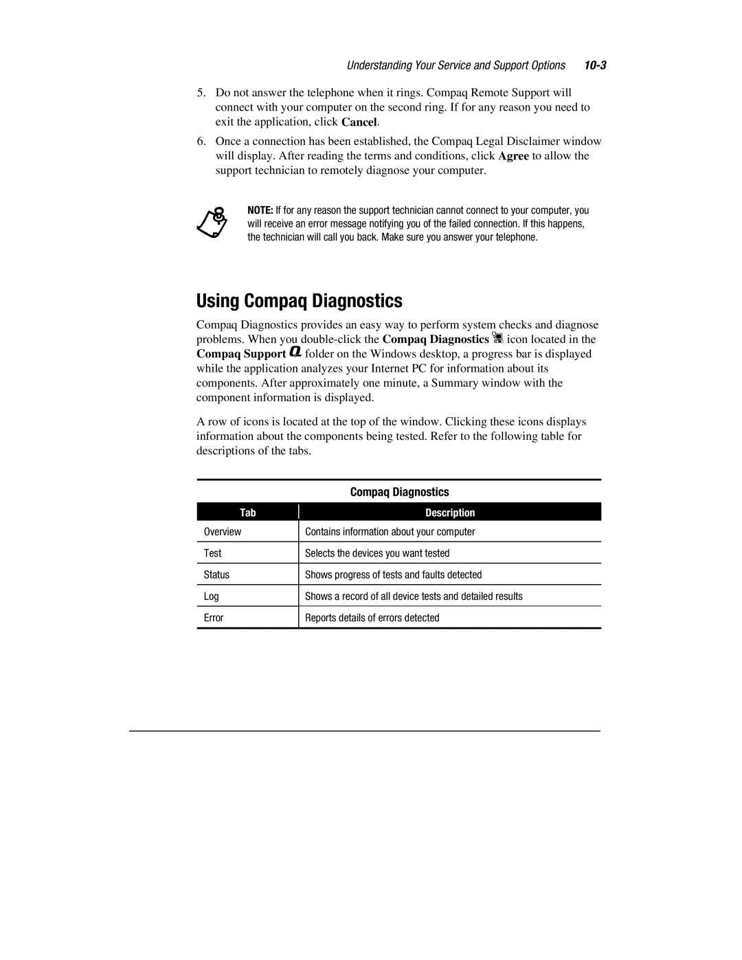 HP 1700T manual Using Compaq Diagnostics, 10-3 