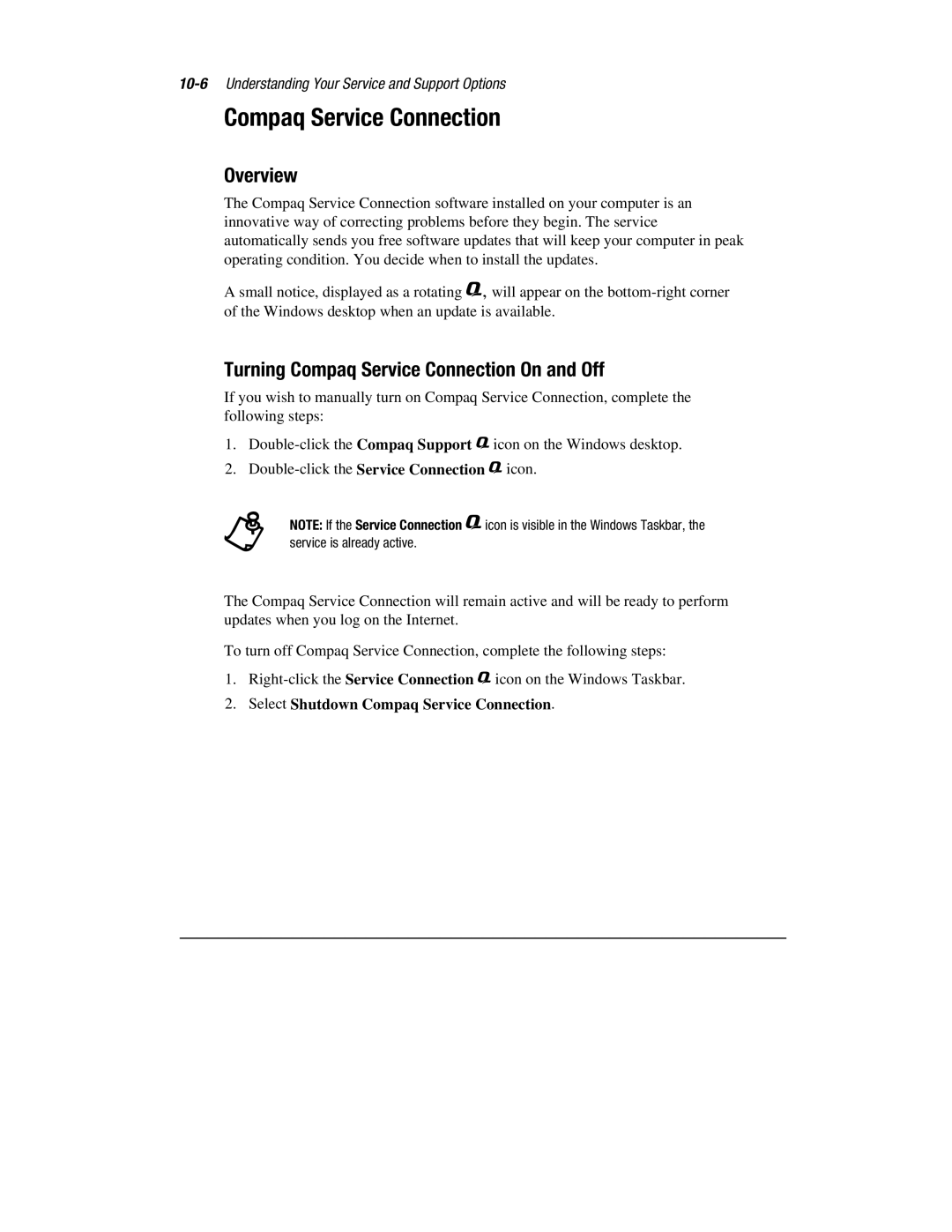 HP 1700T manual Overview, Turning Compaq Service Connection On and Off, Select Shutdown Compaq Service Connection 