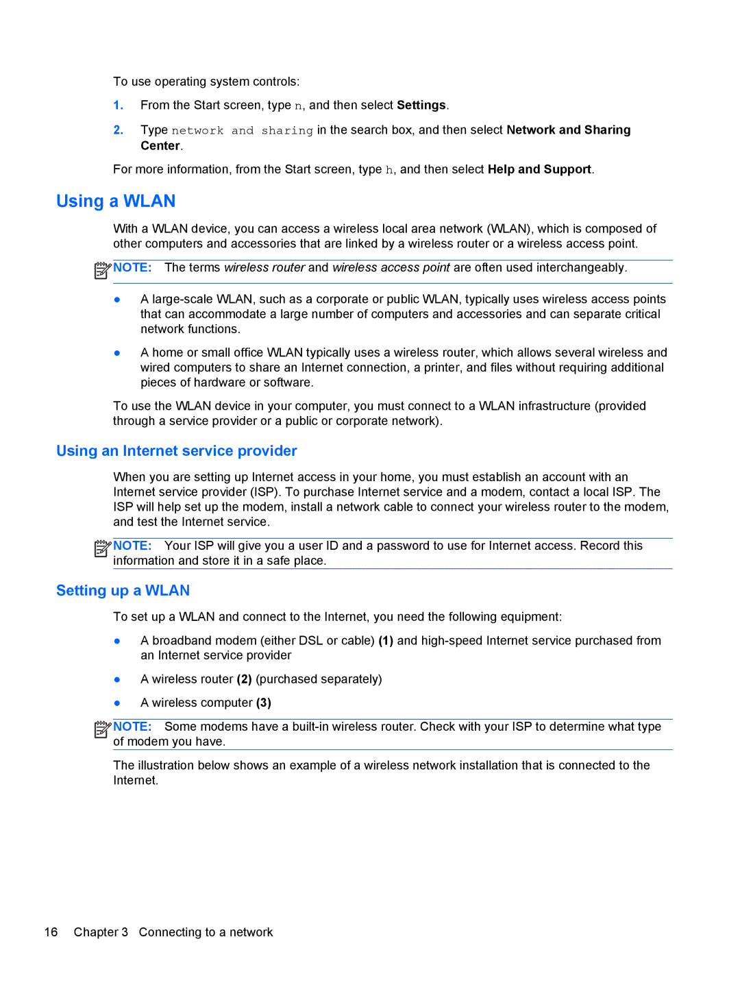 HP 17.3 E0J92UA#ABA, 17.3 E7N75UA#ABA, 17.3 E0J83UA#ABA Using a Wlan, Using an Internet service provider, Setting up a Wlan 