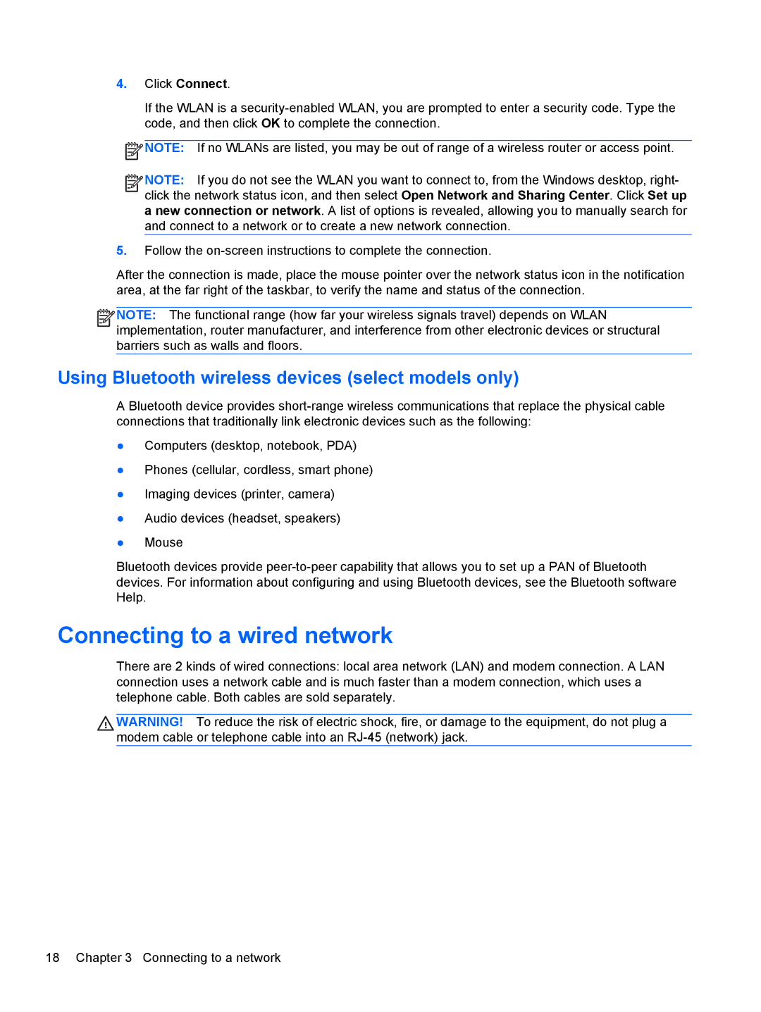 HP 17.3 E0J83UA#ABA, 17.3 E7N75UA#ABA Connecting to a wired network, Using Bluetooth wireless devices select models only 