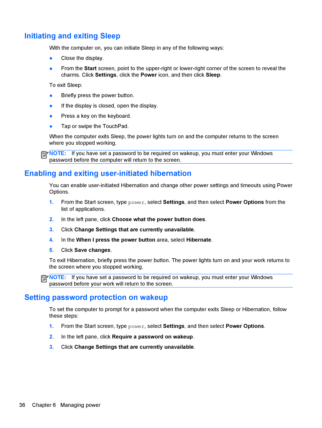 HP 17.3 E0J83UA#ABA, 17.3 E7N75UA#ABA manual Initiating and exiting Sleep, Enabling and exiting user-initiated hibernation 