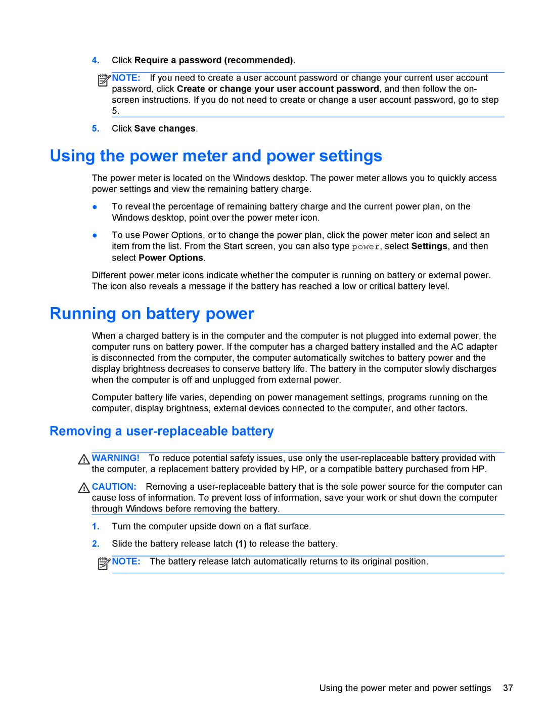 HP 17.3 E0J92UA#ABA, 17.3 E7N75UA#ABA, 17.3 E0J83UA#ABA Using the power meter and power settings, Running on battery power 