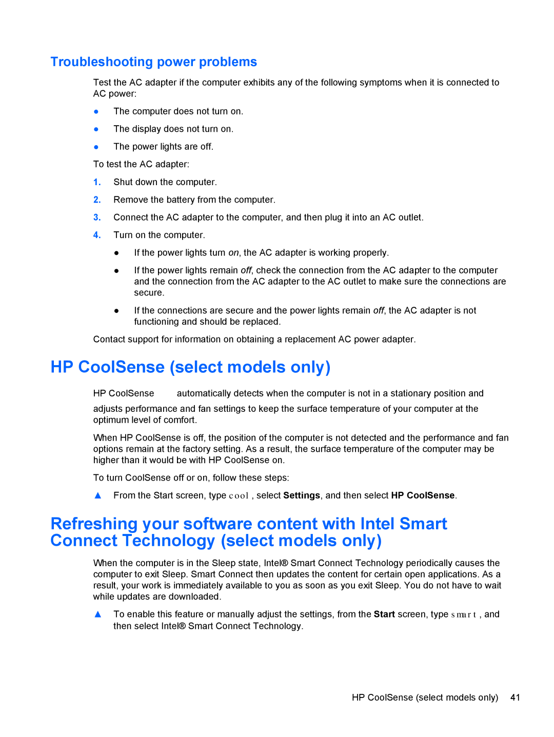 HP 17.3 E7N75UA#ABA, 17.3 E0J83UA#ABA, 17.3 E0J92UA#ABA HP CoolSense select models only, Troubleshooting power problems 