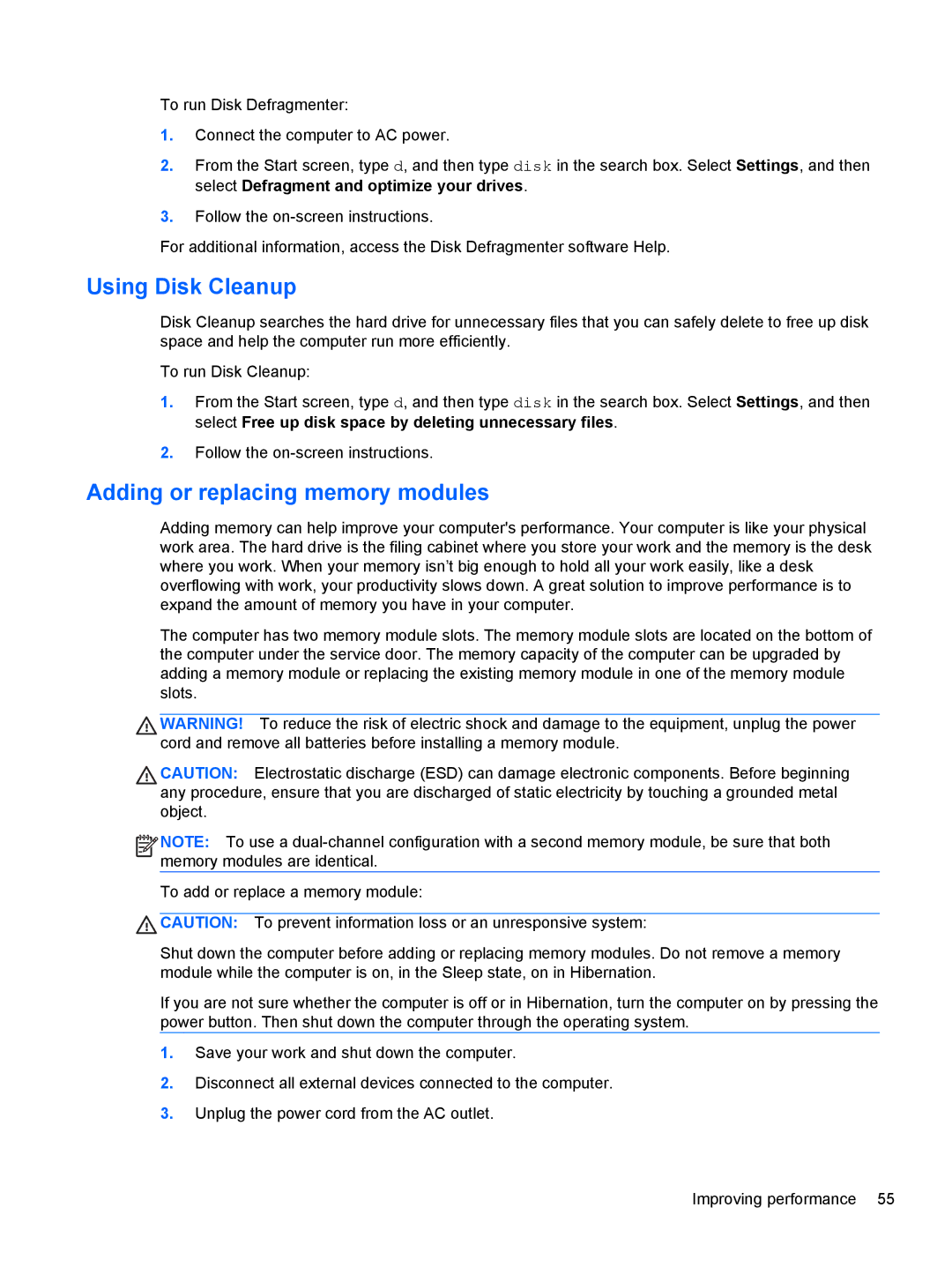 HP 17.3 E0J92UA#ABA, 17.3 E7N75UA#ABA, 17.3 E0J83UA#ABA manual Using Disk Cleanup, Adding or replacing memory modules 