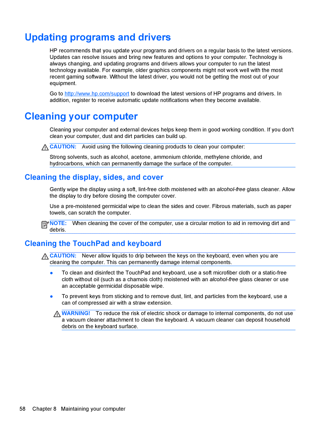 HP 17.3 E0J92UA#ABA manual Updating programs and drivers, Cleaning your computer, Cleaning the display, sides, and cover 