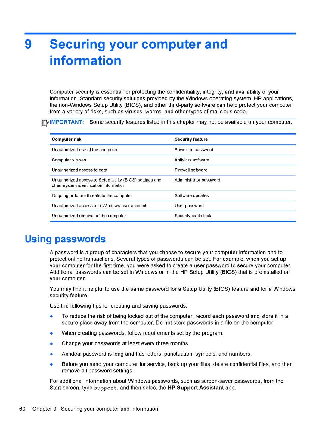 HP 17.3 E0J83UA#ABA manual Securing your computer and information, Using passwords, Computer risk Security feature 