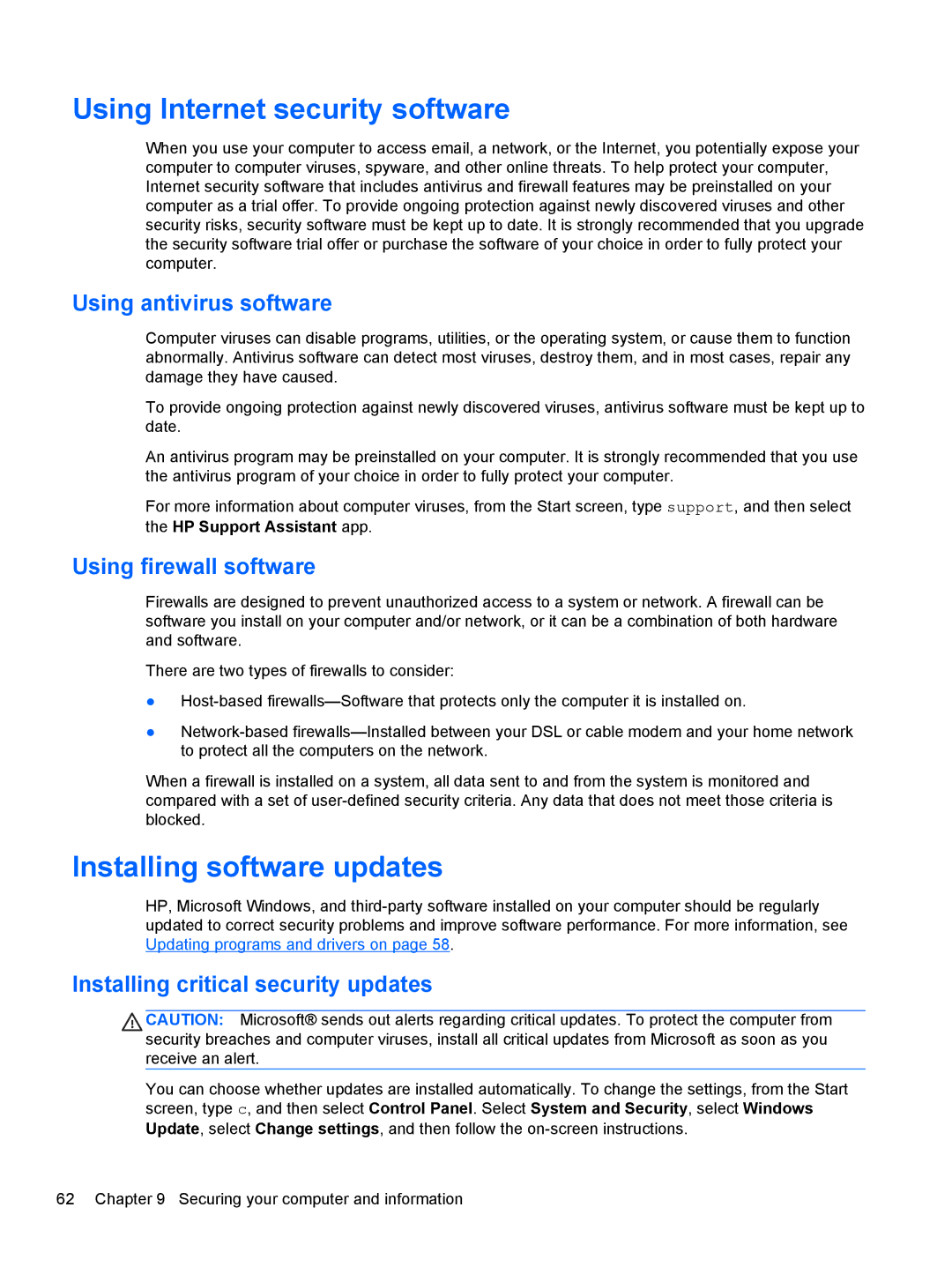 HP 17.3 E7N75UA#ABA manual Using Internet security software, Installing software updates, Using antivirus software 