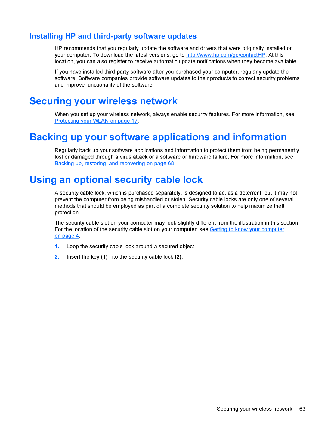 HP 17.3 E0J83UA#ABA manual Securing your wireless network, Backing up your software applications and information 