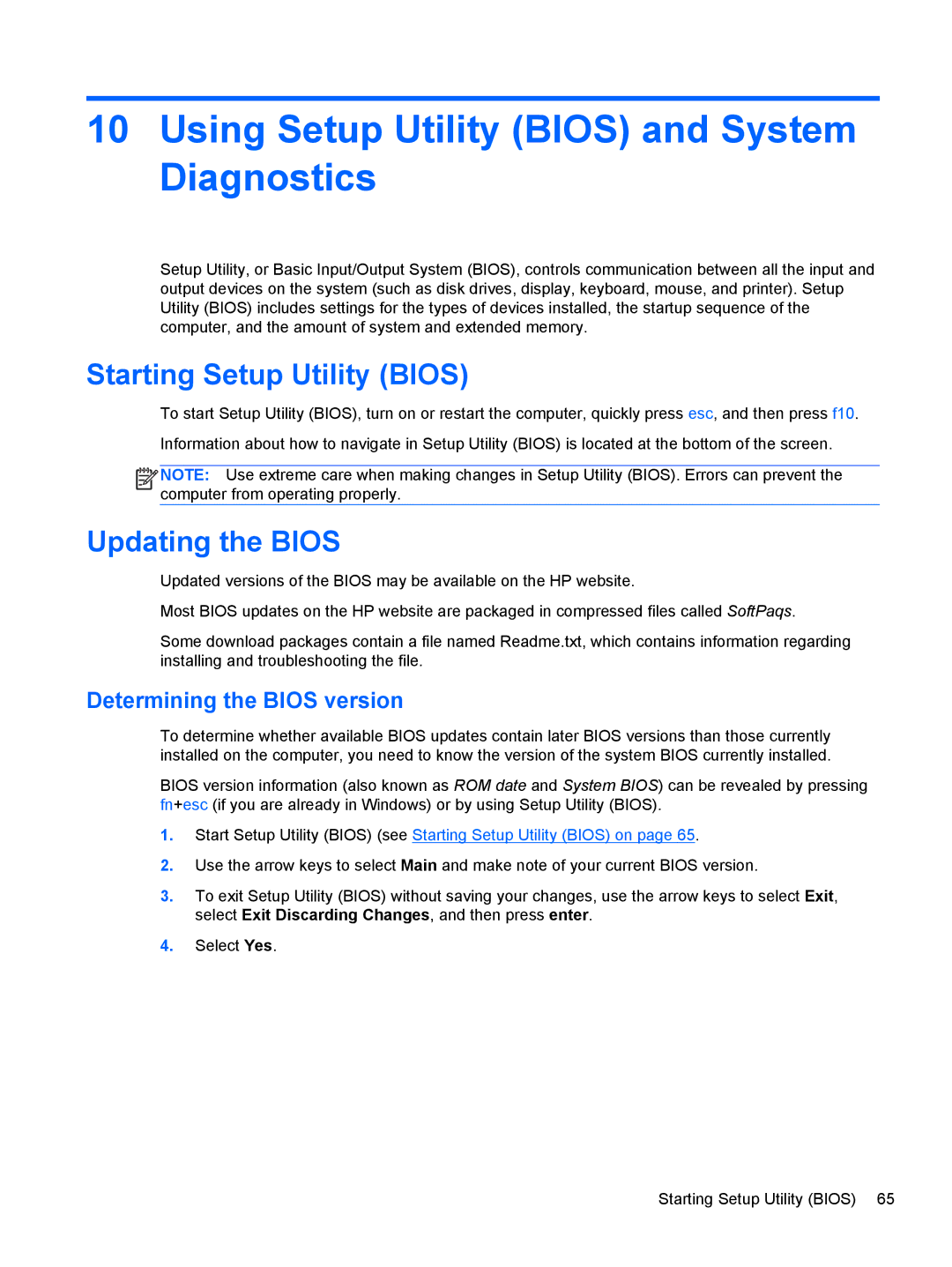 HP 17.3 E7N75UA#ABA manual Using Setup Utility Bios and System Diagnostics, Starting Setup Utility Bios, Updating the Bios 