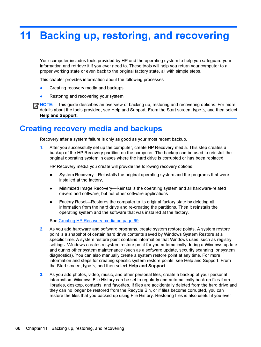 HP 17.3 E7N75UA#ABA, 17.3 E0J83UA#ABA manual Backing up, restoring, and recovering, Creating recovery media and backups 