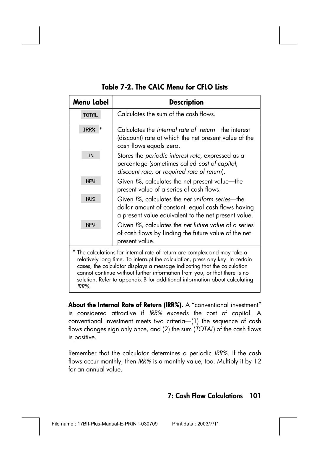 HP 17bII manual Calc Menu for Cflo Lists Menu Label, Description 