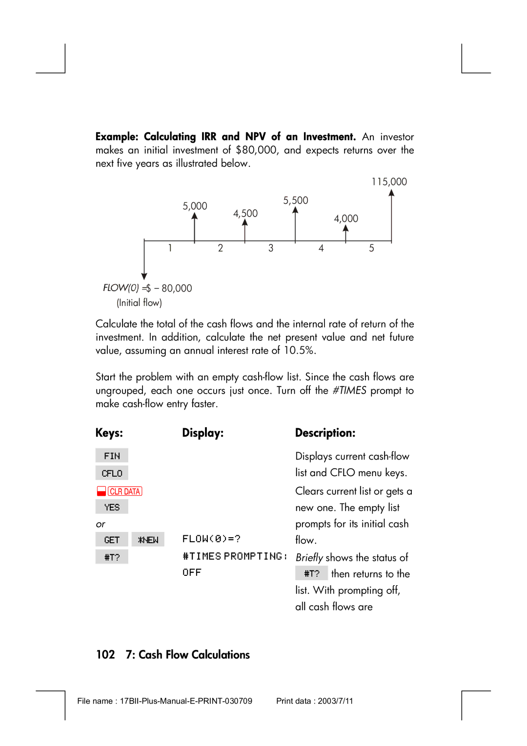 HP 17bII manual 102 7 Cash Flow Calculations, 115,000 500 