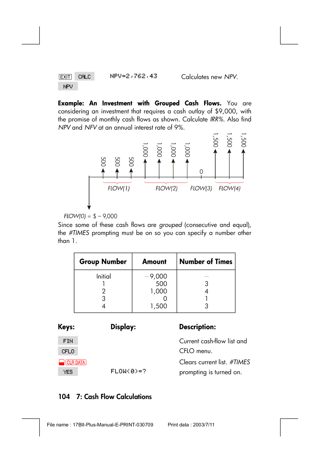 HP 17bII manual Group Number Amount, 104 7 Cash Flow Calculations 