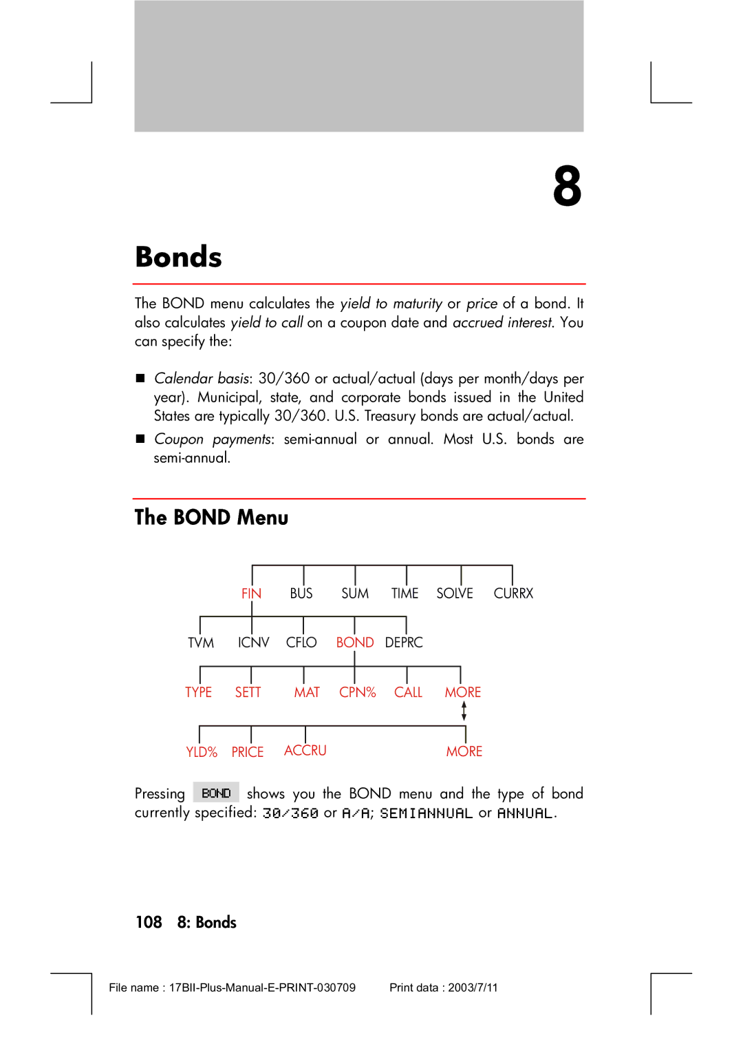 HP 17bII manual Bond Menu, 108 8 Bonds 