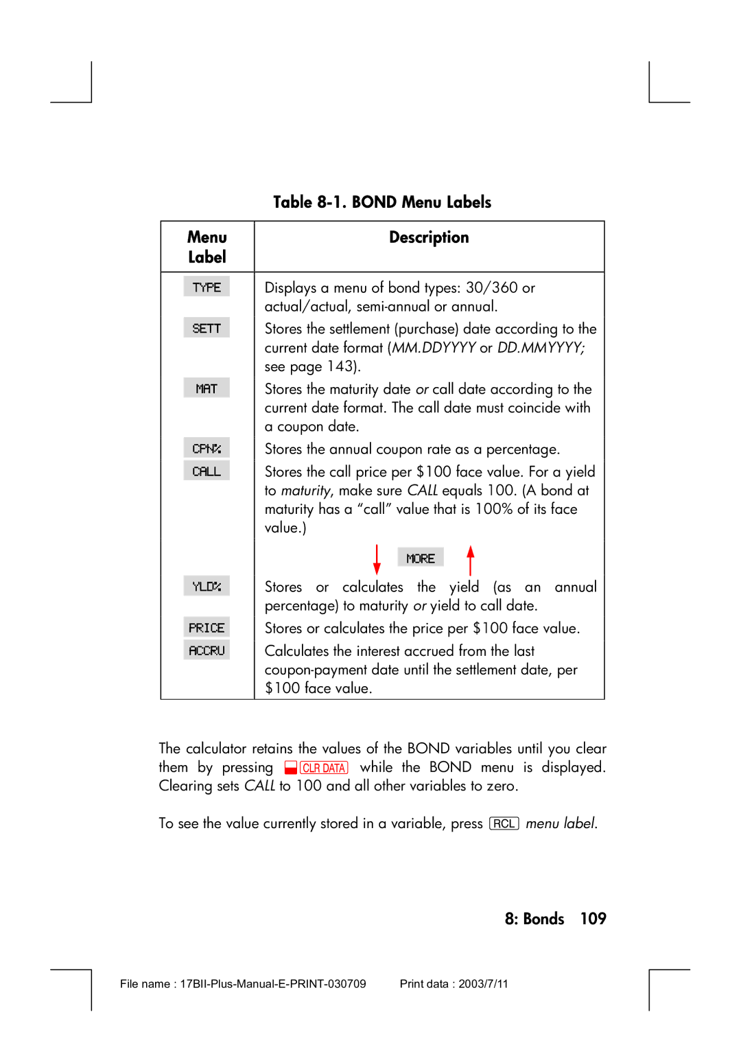 HP 17bII manual Bond Menu Labels, Menu Description Label, Bonds 