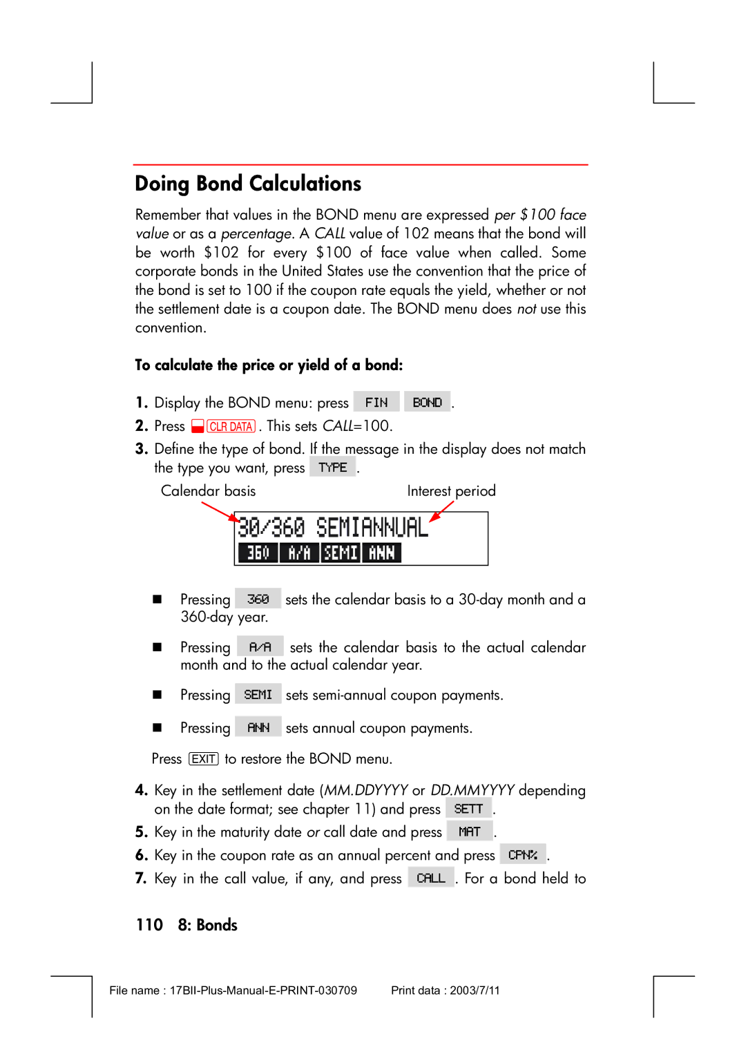 HP 17bII manual Doing Bond Calculations, 110 8 Bonds, To calculate the price or yield of a bond 