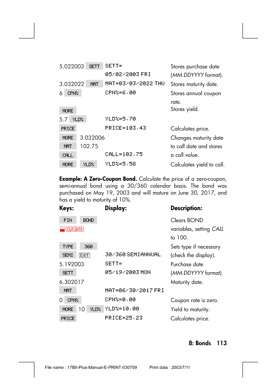 HP 17bII manual KeysDisplayDescription, MM.DDYYYY format 