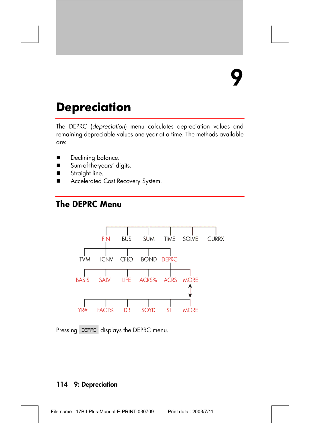 HP 17bII manual Deprc Menu, 114 9 Depreciation 