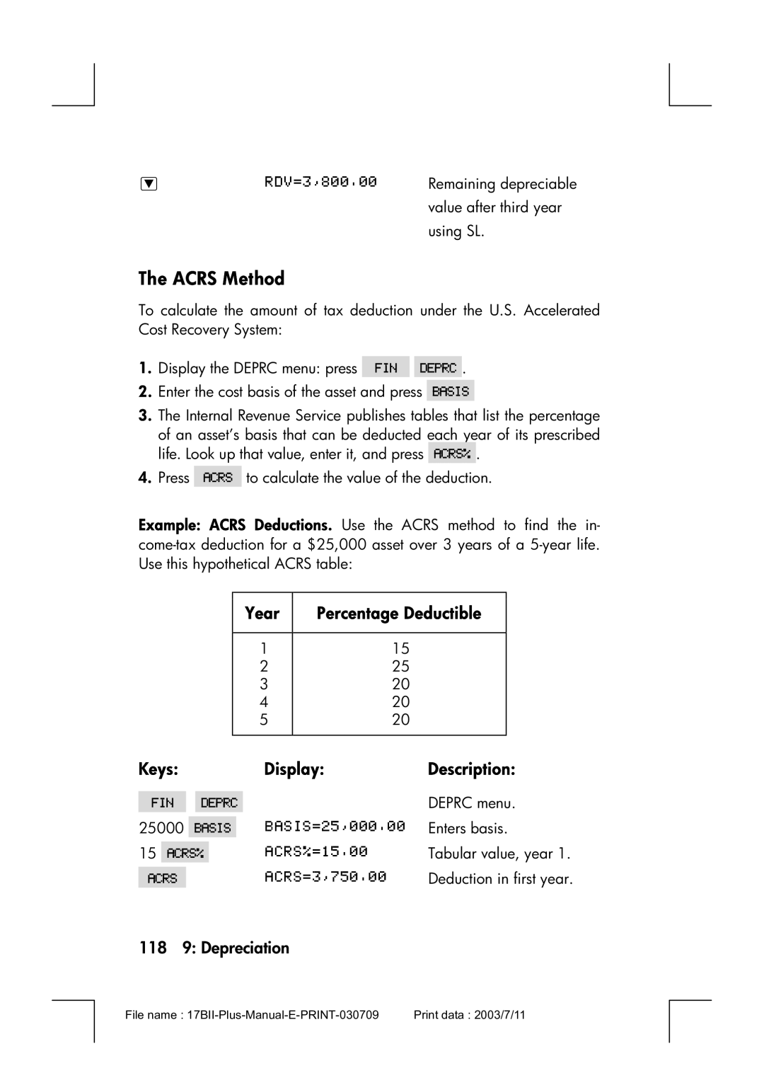 HP 17bII manual Acrs Method, Year Percentage Deductible Keys Display Description, 118 9 Depreciation 