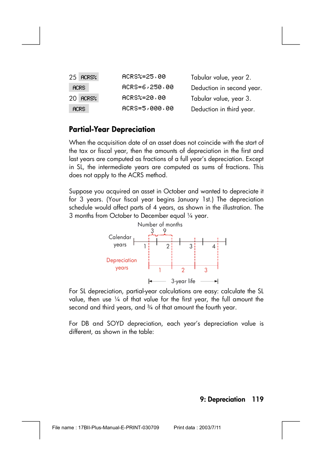 HP 17bII manual Partial-Year Depreciation 