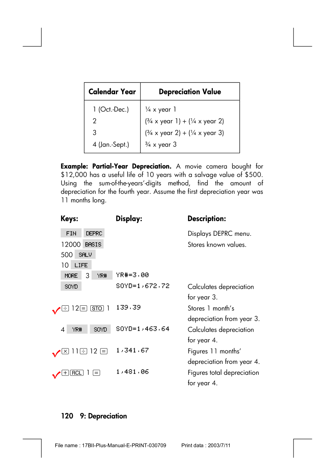 HP 17bII manual Calendar Year Depreciation Value, 120 9 Depreciation 