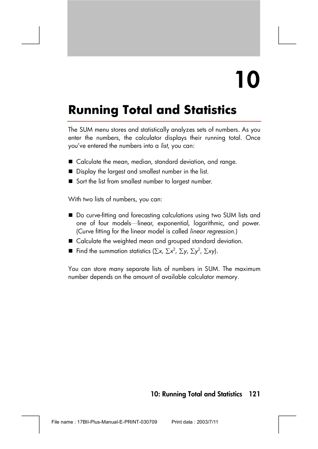 HP 17bII manual Running Total and Statistics 