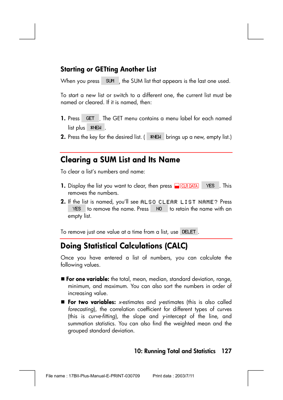 HP 17bII manual Clearing a SUM List and Its Name, Doing Statistical Calculations Calc 