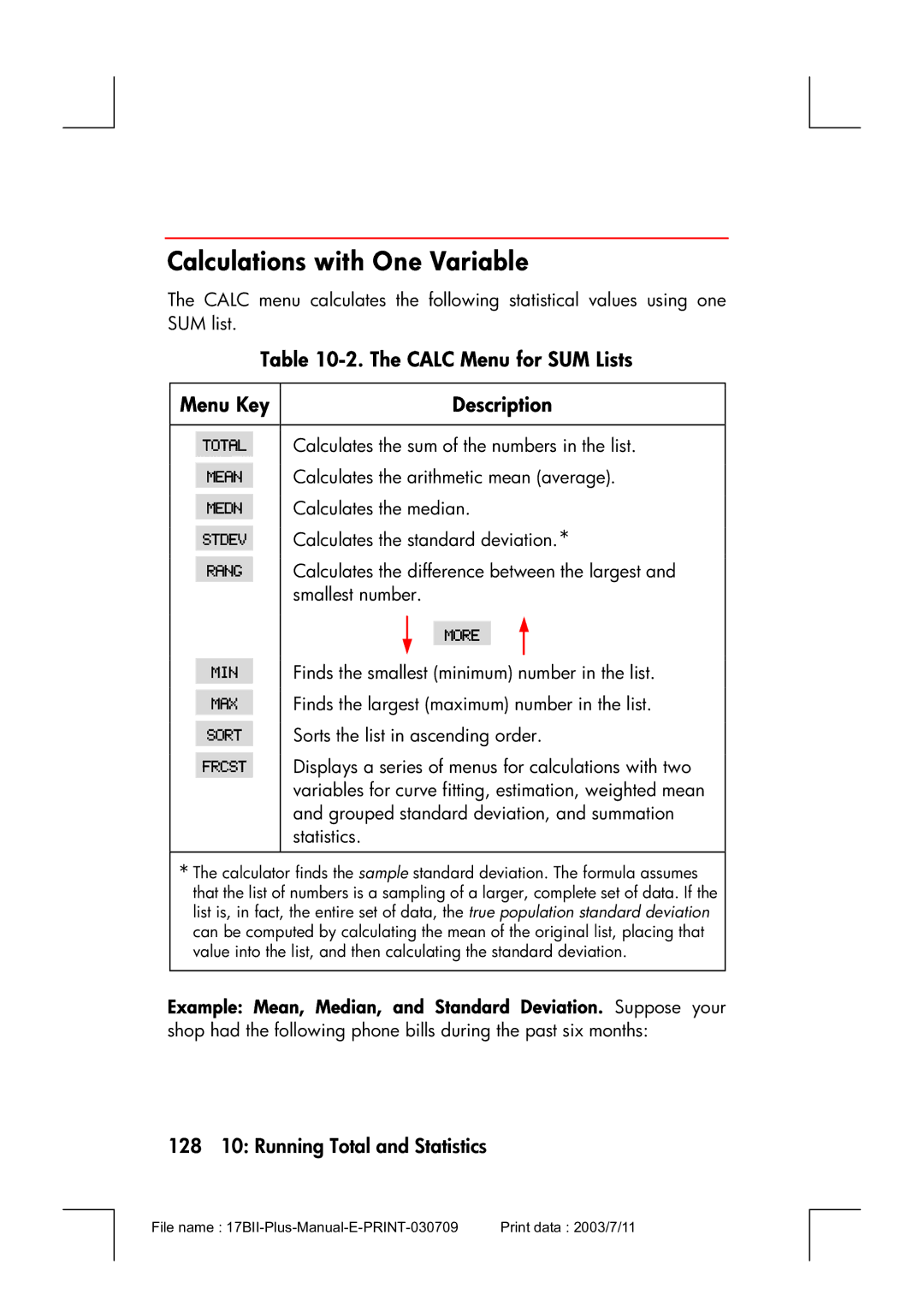 HP 17bII manual Calculations with One Variable, Calc Menu for SUM Lists Menu Key, 128 10 Running Total and Statistics 