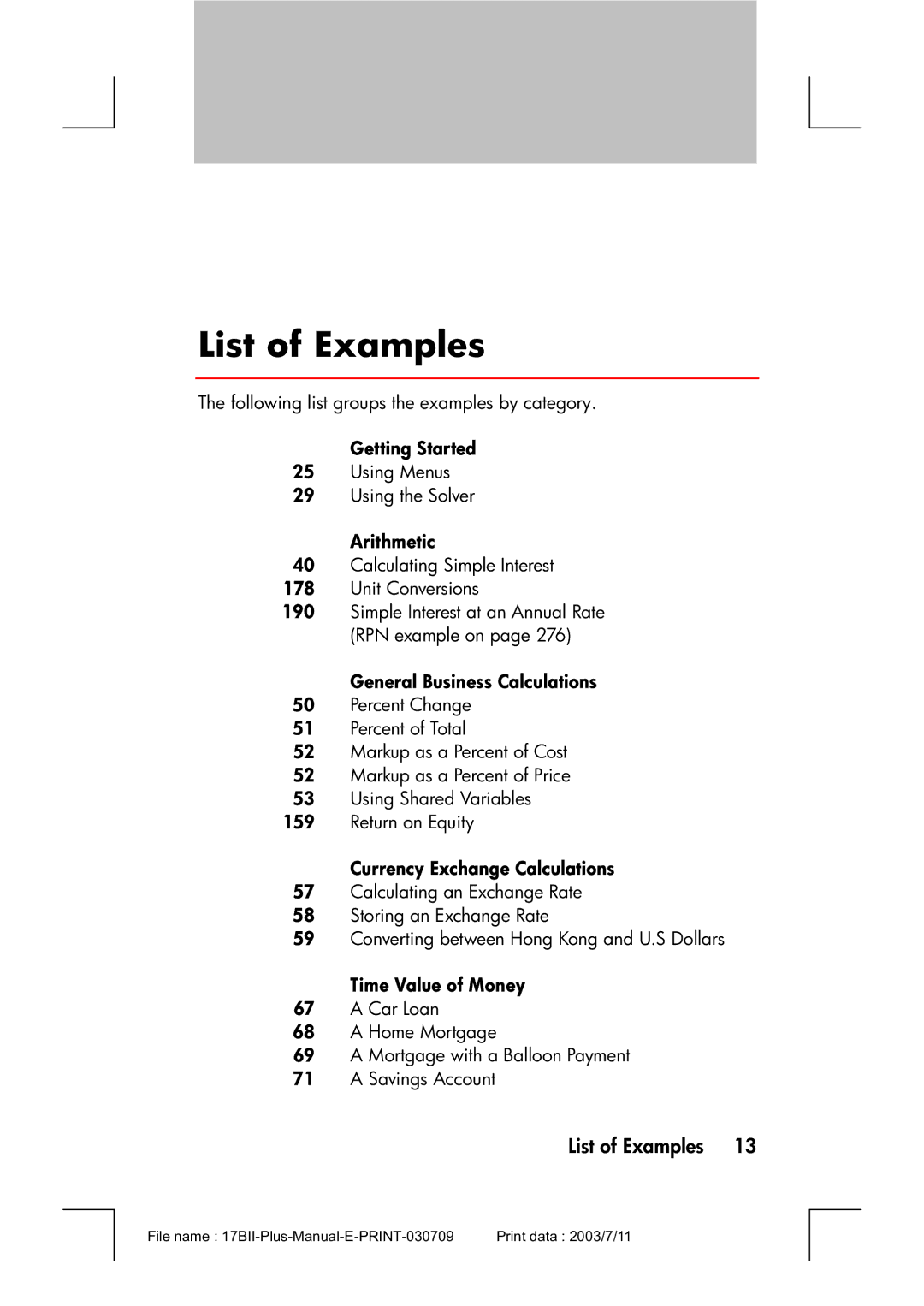 HP 17bII manual List of Examples, General Business Calculations, Currency Exchange Calculations 