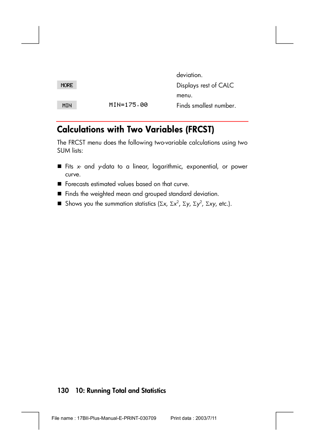 HP 17bII manual Calculations with Two Variables Frcst, 130 10 Running Total and Statistics 