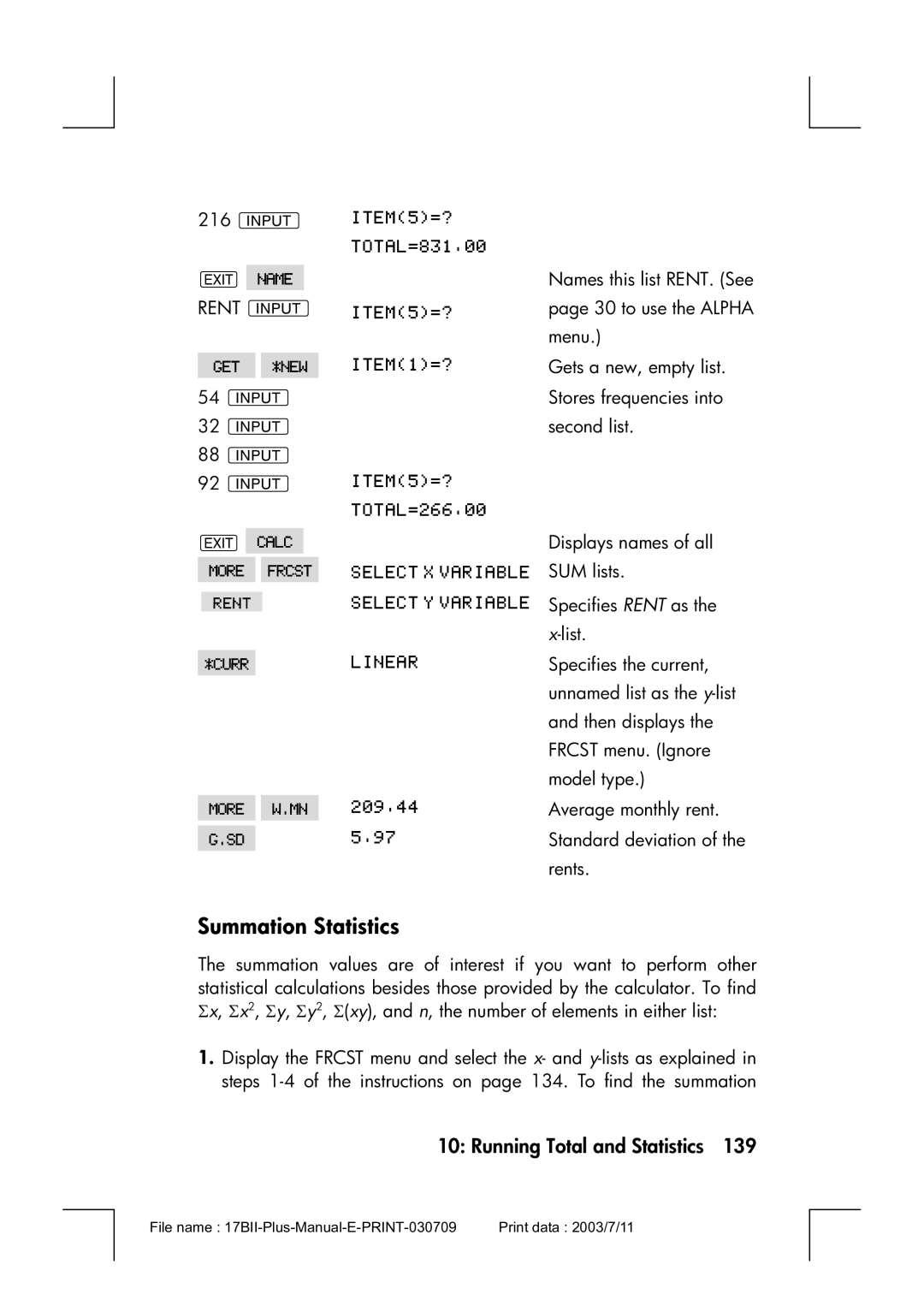 HP 17bII manual Summation Statistics 