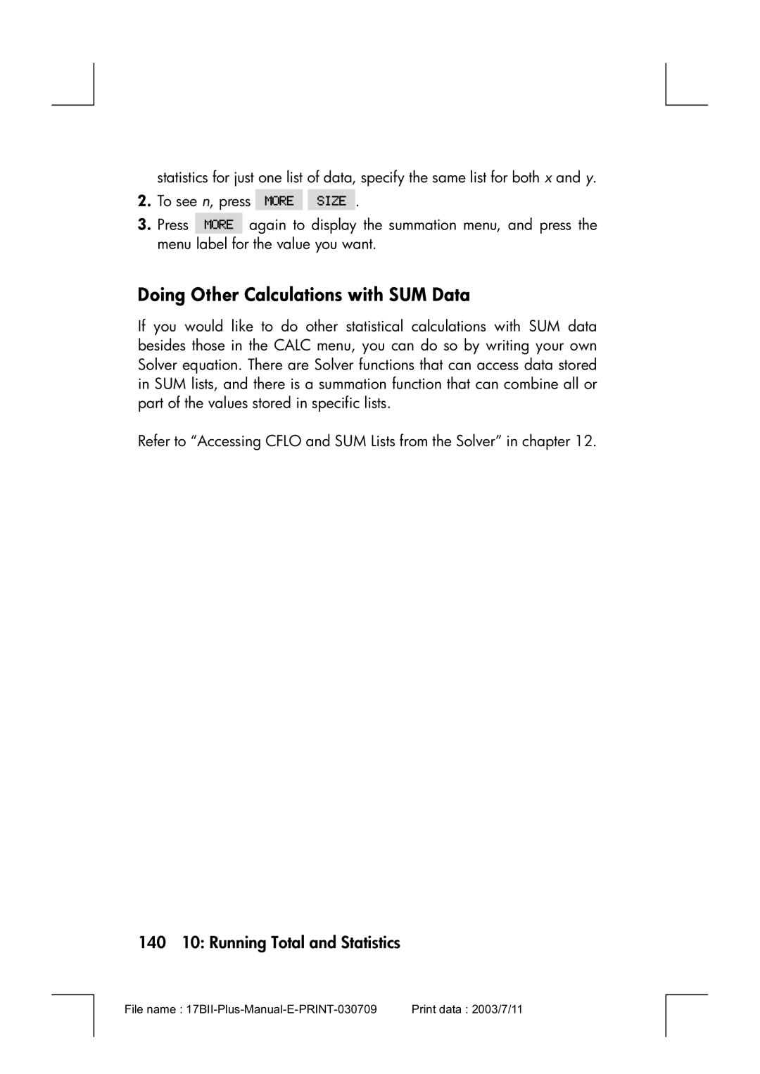 HP 17bII manual Doing Other Calculations with SUM Data, 140 10 Running Total and Statistics 