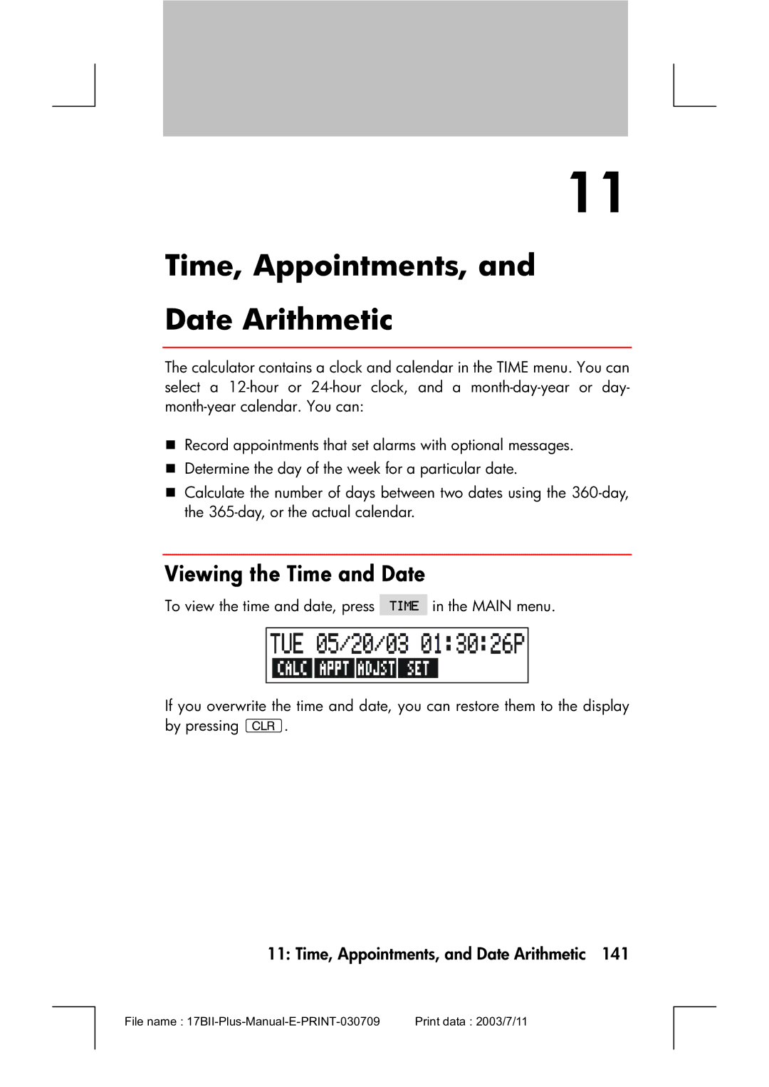 HP 17bII manual Time, Appointments, Date Arithmetic, Viewing the Time and Date, Time, Appointments, and Date Arithmetic 