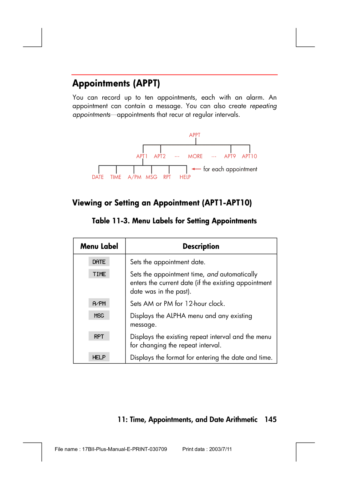 HP 17bII Appointments Appt, Viewing or Setting an Appointment APT1-APT10, Menu Labels for Setting Appointments Description 