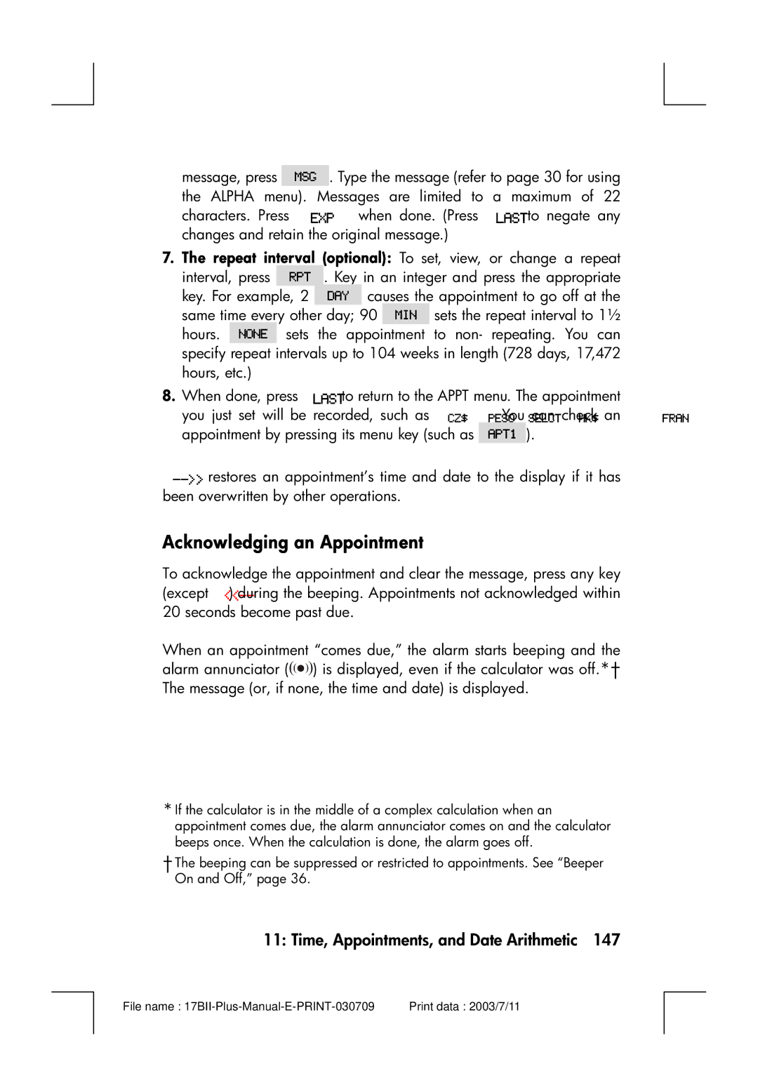 HP 17bII manual Acknowledging an Appointment 