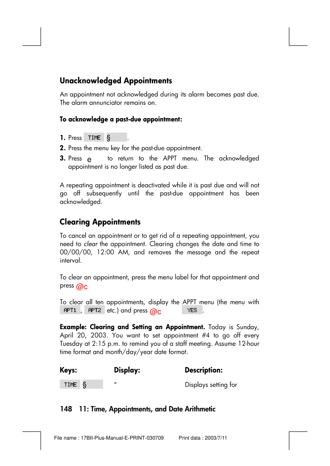 HP 17bII manual Unacknowledged Appointments, Clearing Appointments, 148 11 Time, Appointments, and Date Arithmetic 