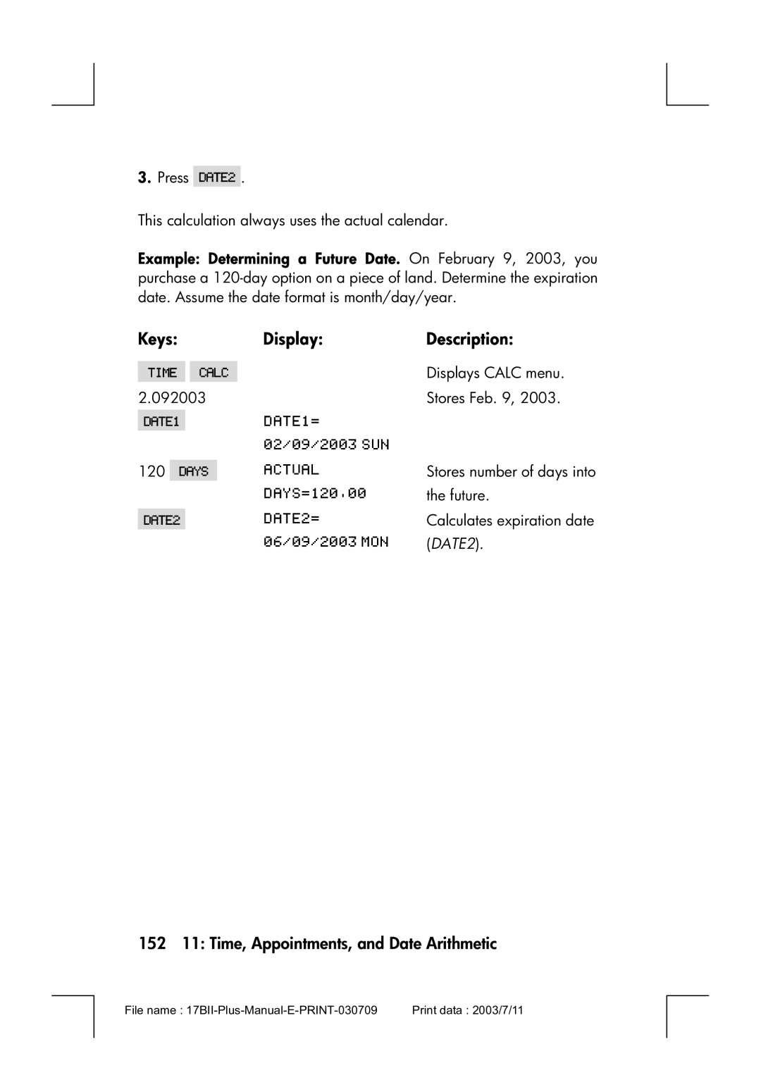 HP 17bII manual 152 11 Time, Appointments, and Date Arithmetic, DATE2 