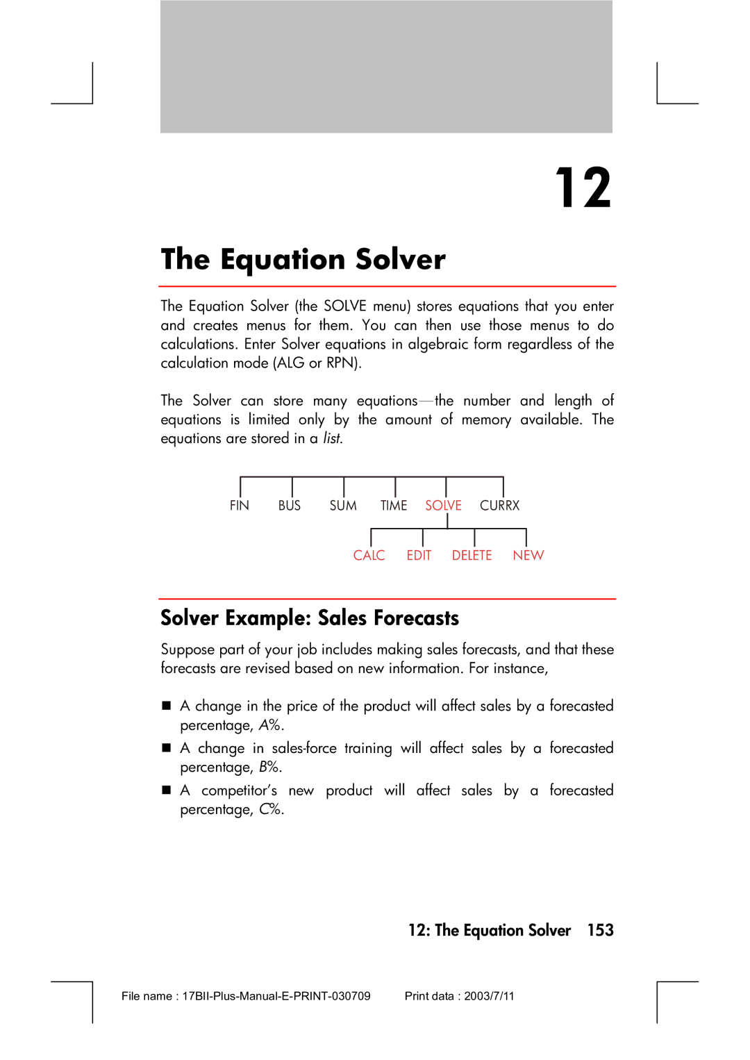 HP 17bII manual Equation Solver, Solver Example Sales Forecasts 