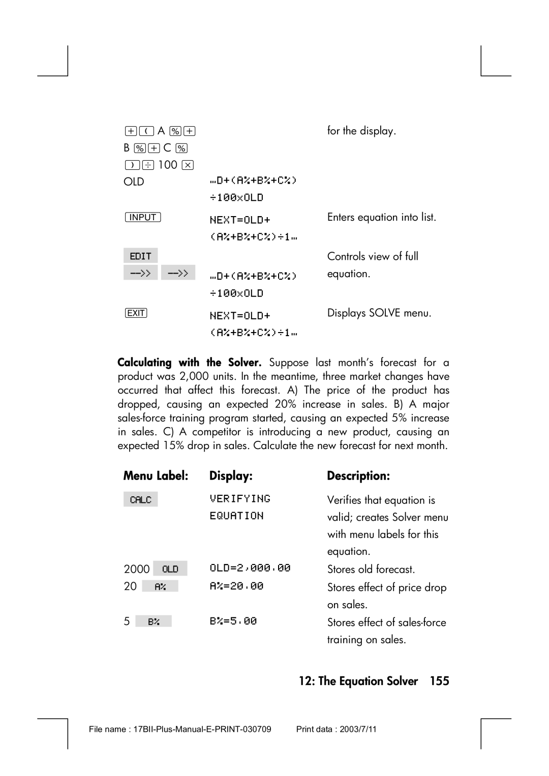 HP 17bII manual Display Description, Menu Label 