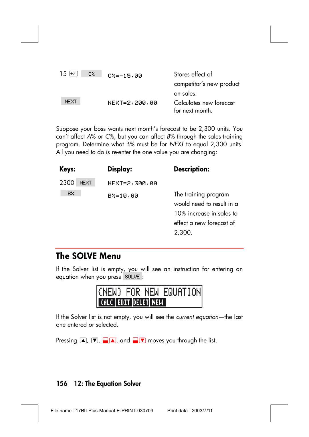 HP 17bII manual Solve Menu, 156 12 The Equation Solver, Keys 