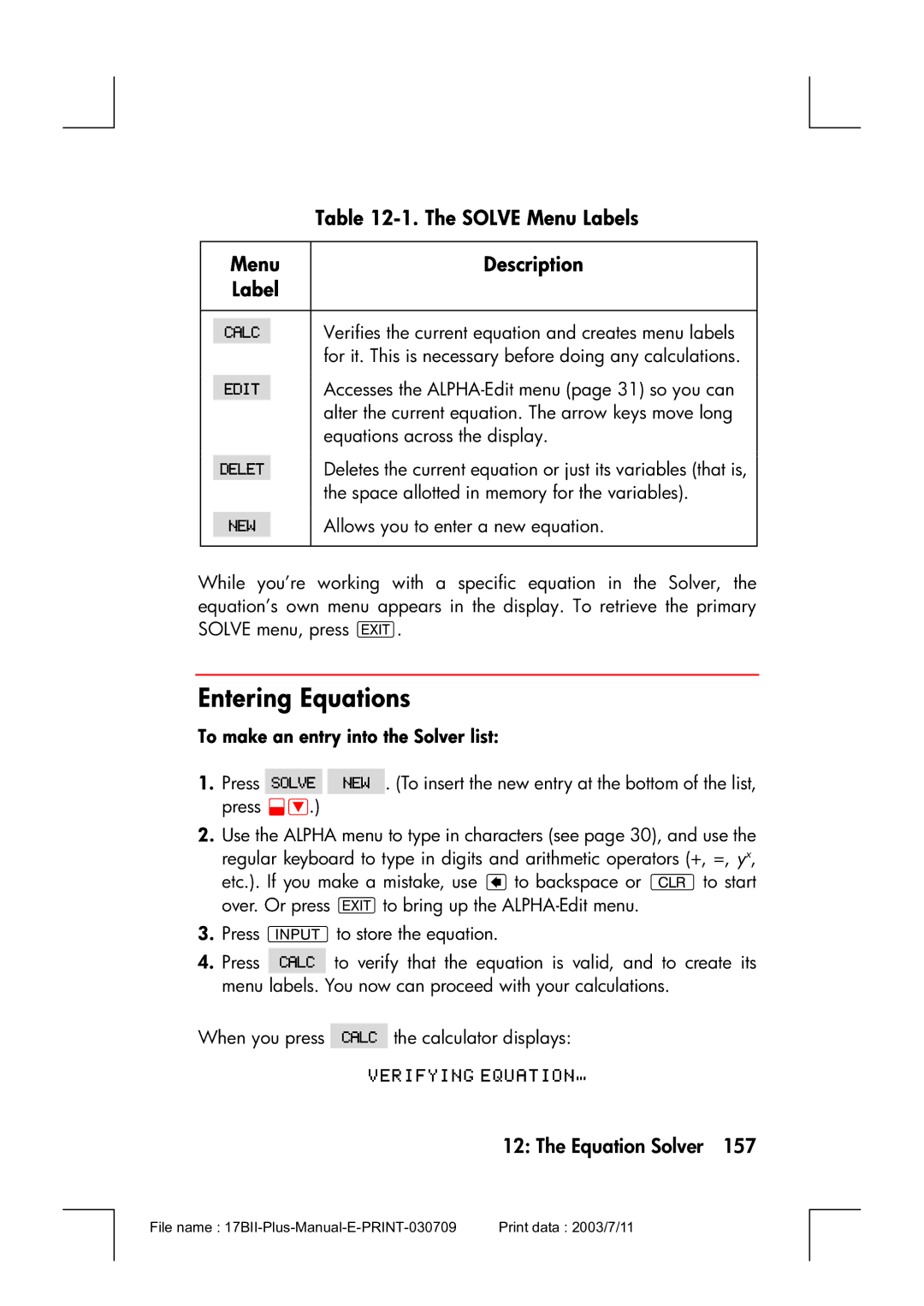 HP 17bII manual Entering Equations, Solve Menu Labels, To make an entry into the Solver list 