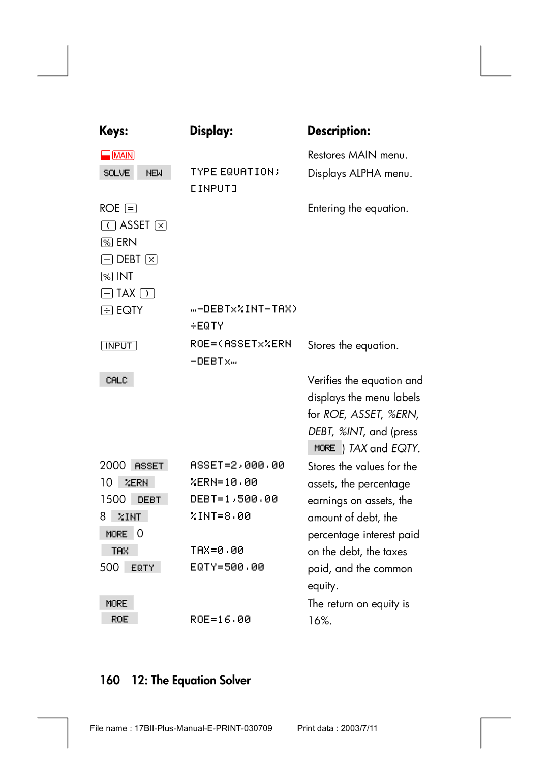 HP 17bII manual 160 12 The Equation Solver, Eqty 